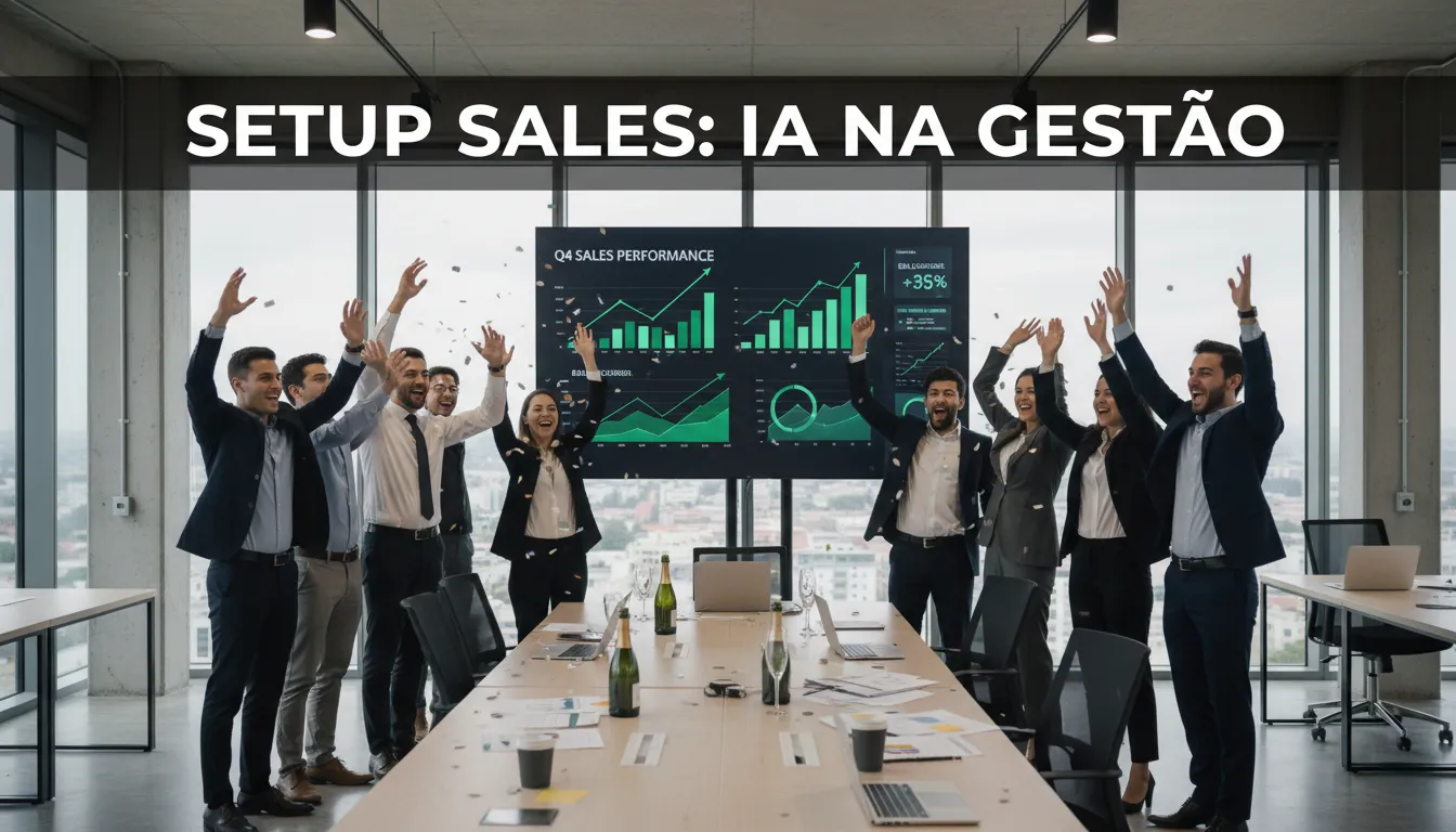 Equipe de vendas comemora sucesso com dashboard mostrando KPIs positivos, com a mensagem Setup Sales. A ia antecipa dor paciente, melhorando resultados.