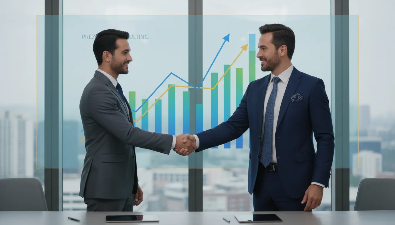 Empreendedor confiante apertando a mão de consultor da Prezzo, mostrando 'Como abrir uma empresa na Florida'.