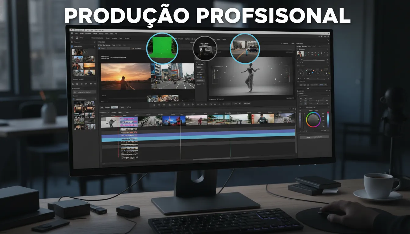 Montagem de edição de video, mostrando transformação de material bruto em contenido polido.