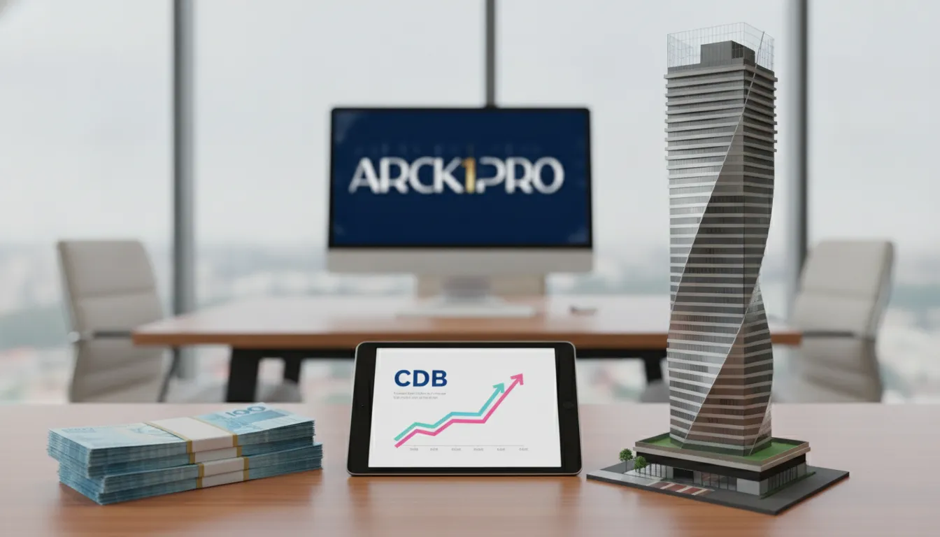 Comparativo visual: cédulas, gráfico CDB e maquete imobiliária. Entenda quanto rende 100 mil reais.