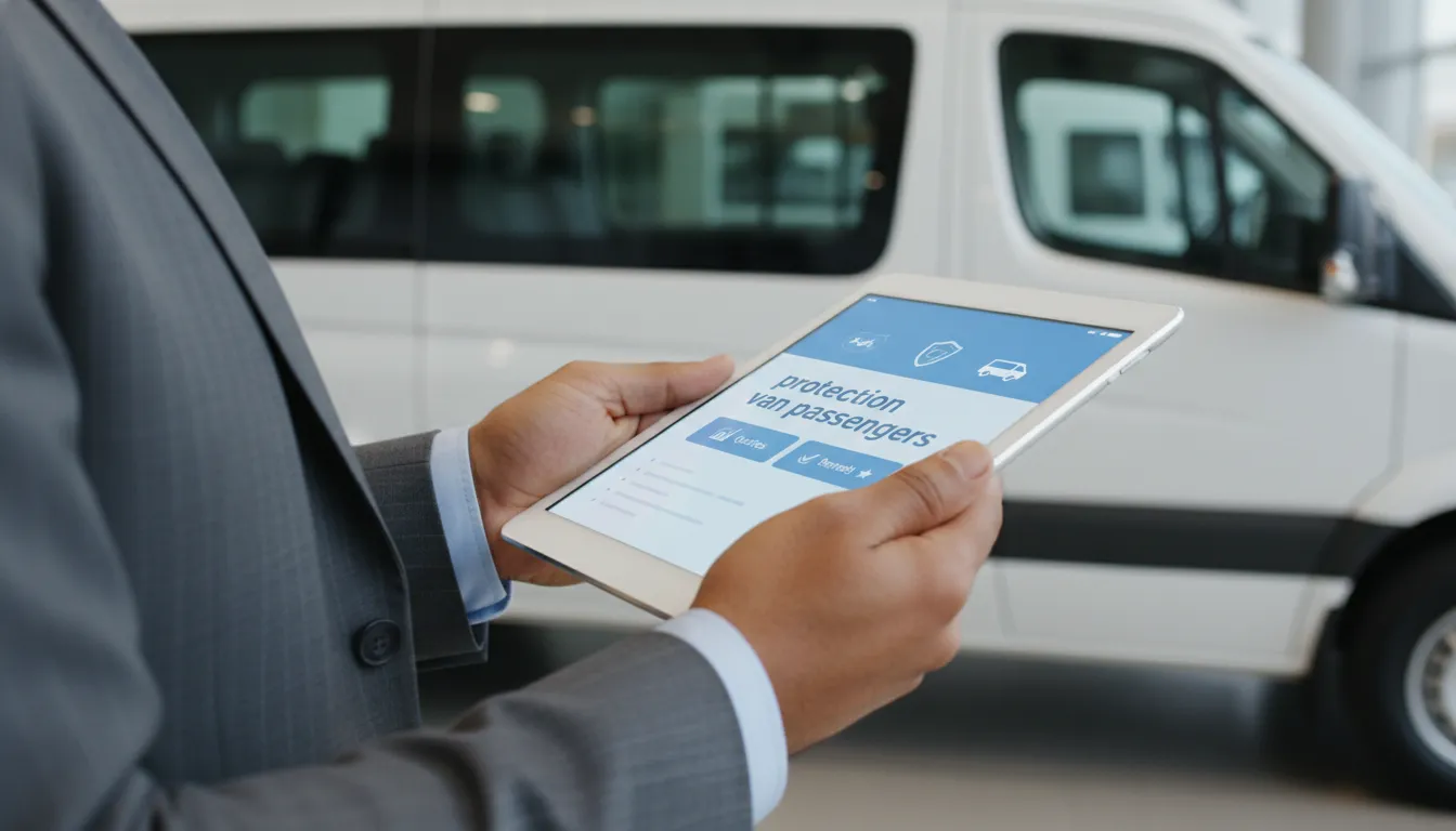 Mão segurando tablet com interface de proteção van passageiros, mostrando opções de planos e benefícios claros.