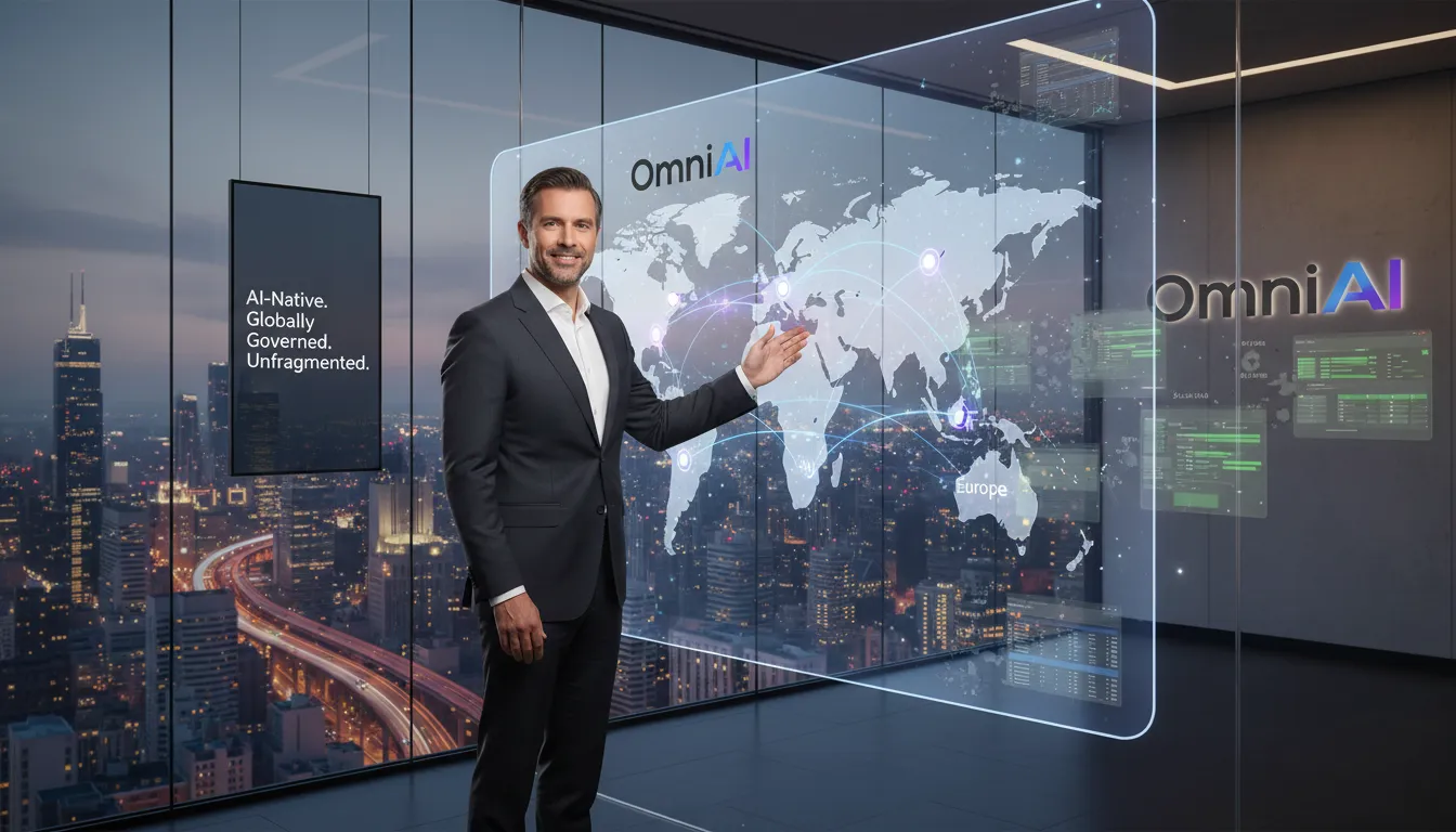 Get ready for Connections 2026: Founder presenting OmniAI's global AI-native platform, contrasting fragmented traditional systems.