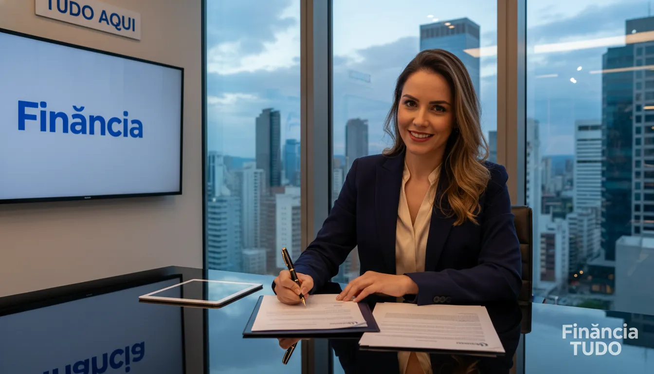 Mulher de negócios assinando documentos de empréstimo com a Financia Tudo, mostrando como o crédito com garantia pode impulsionar o crescimento profissional.