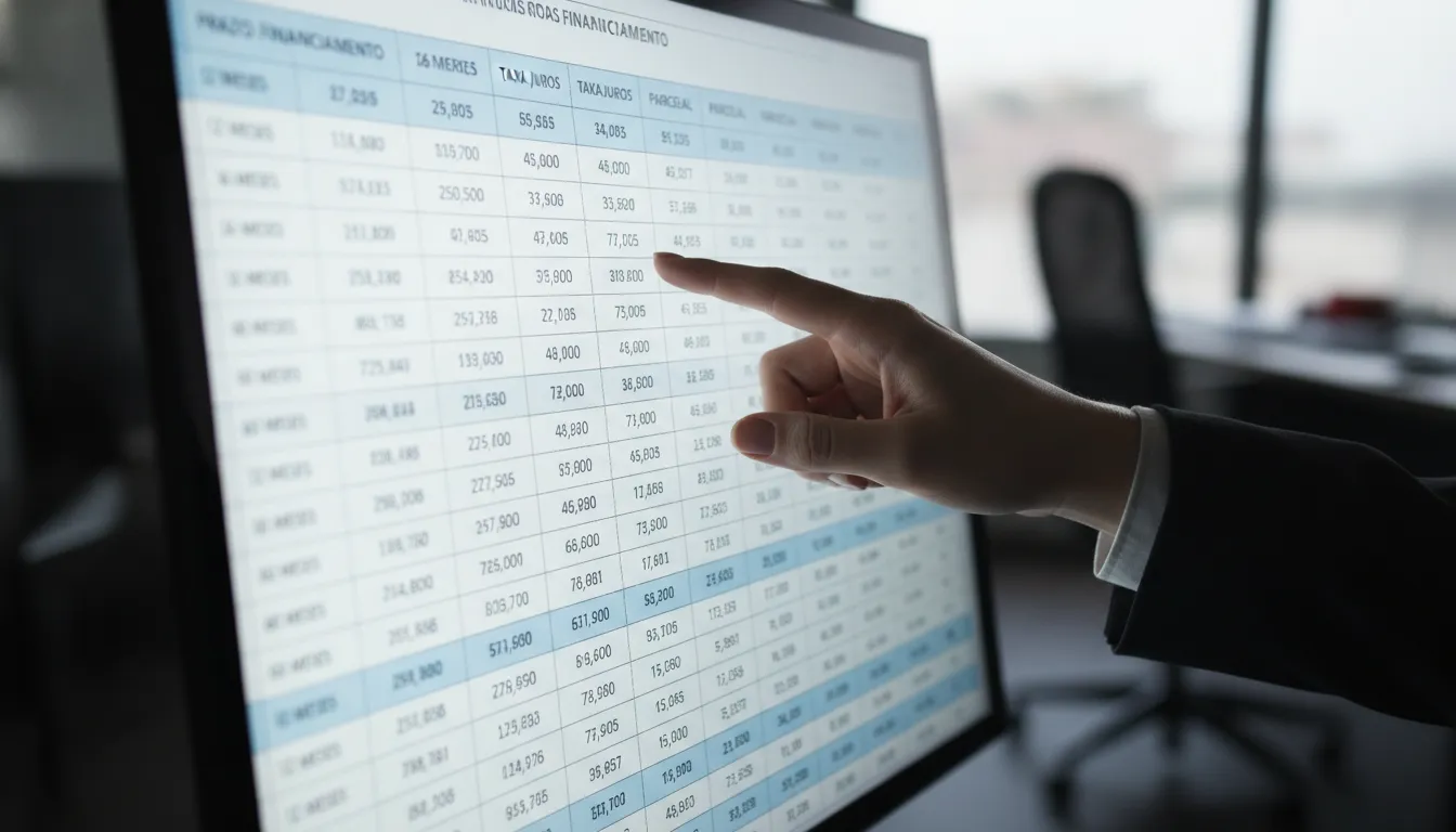 Especialista Financia Tudo aponta opções prazo financiamento caminhão em planilha digital detalhada.