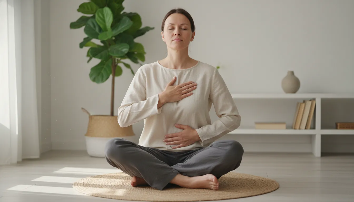 Pessoa meditando com mãos no corpo, simbolizando consciência corporal e acolhimento para lidar com fome emocional.