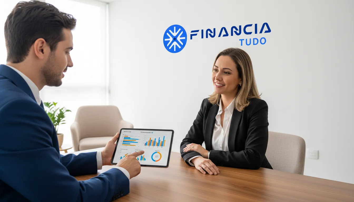 Consultor da Financia Tudo explicando os riscos do home equity para cliente, oferecendo soluções financeiras personalizadas.