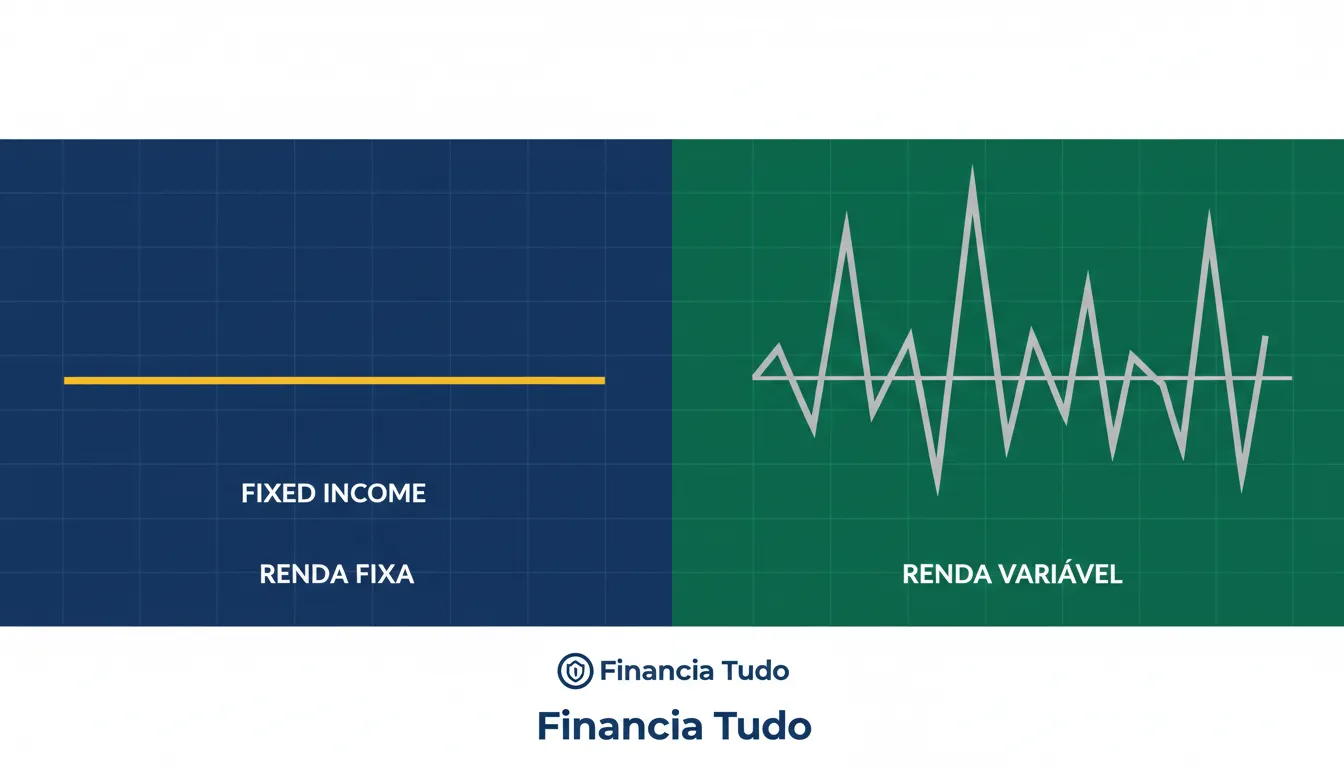 Gráfico comparativo de renda fixa e renda variável, com o logo da Financia Tudo, ilustrando a estabilidade versus a volatilidade.