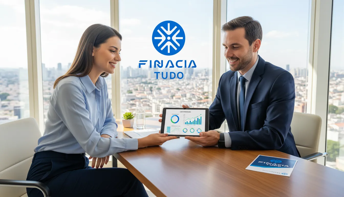 Consultora financeira da Financia Tudo explicando como reduzir parcelas de financiamento existente para uma cliente em um escritório moderno.