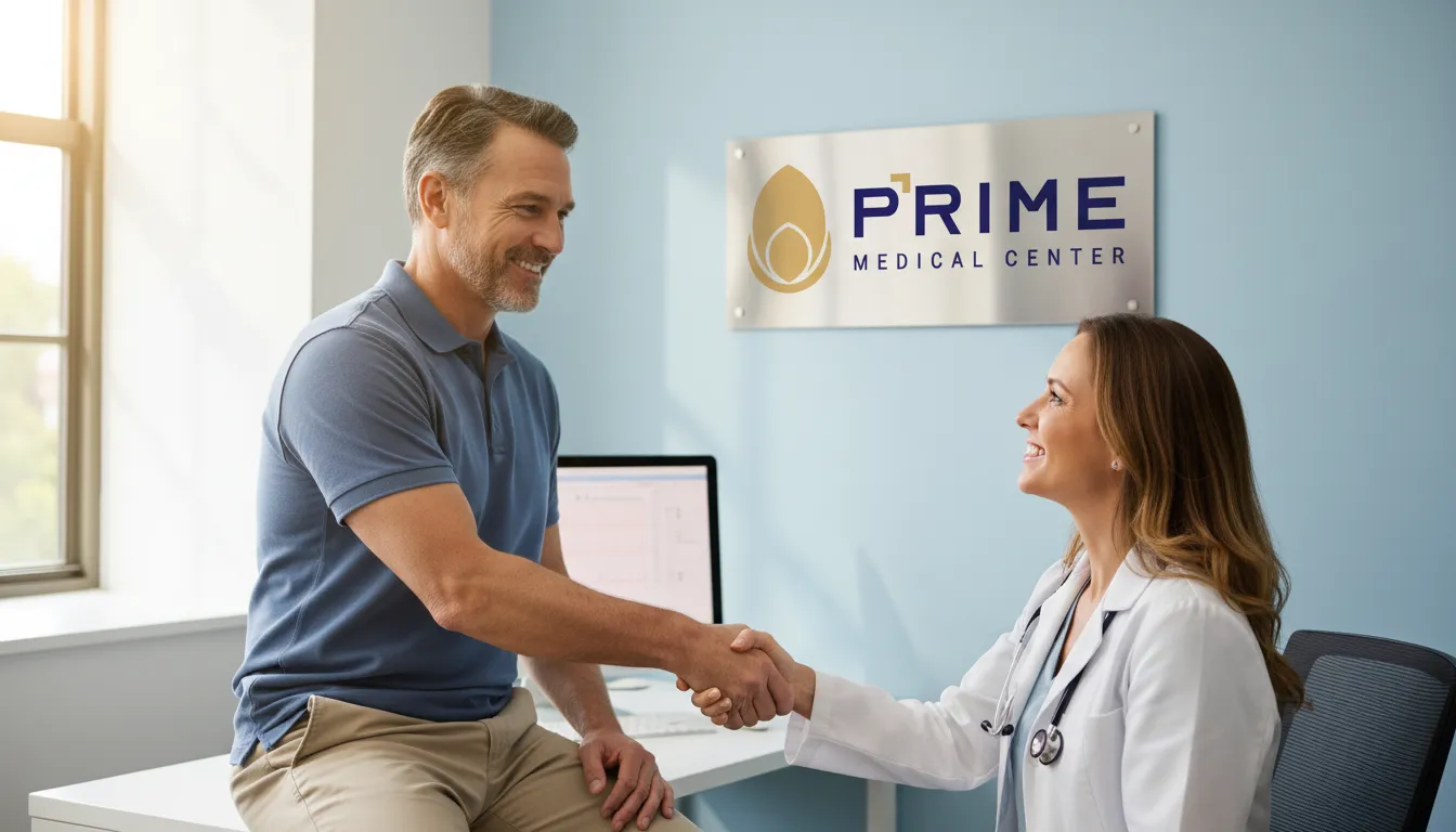 Médico e paciente apertando as mãos, simbolizando o sucesso do tratamento hormonal para o hipogonadismo e a melhora na saúde.
