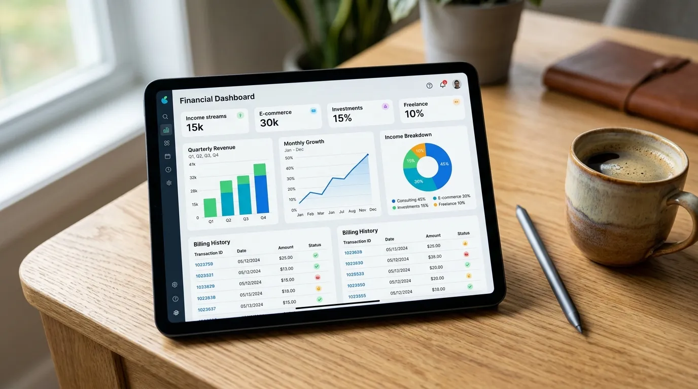 Gráficos de rendimentos em tablet mostrando como comprovar renda sendo autônomo com múltiplos ganhos.