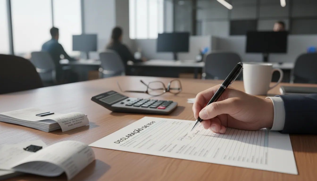 Mão preenchendo um formulário de IRPF com foco em detalhes.