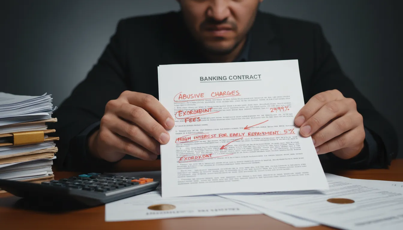 Contrato bancário com marcações de juros abusivos, mãos com calculadora e documentos jurídicos.