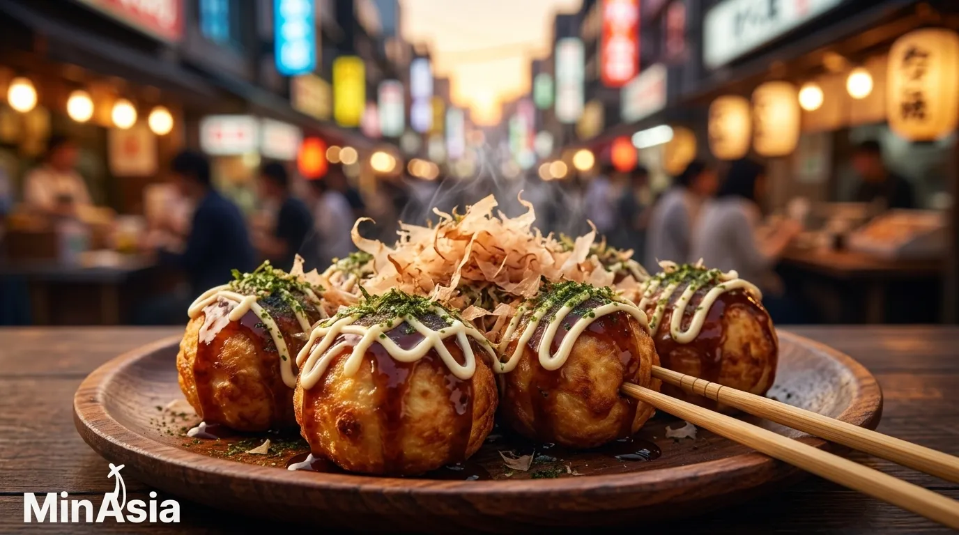 Porção de takoyaki dourado, famosa comida típica japonesa de rua servida quente.