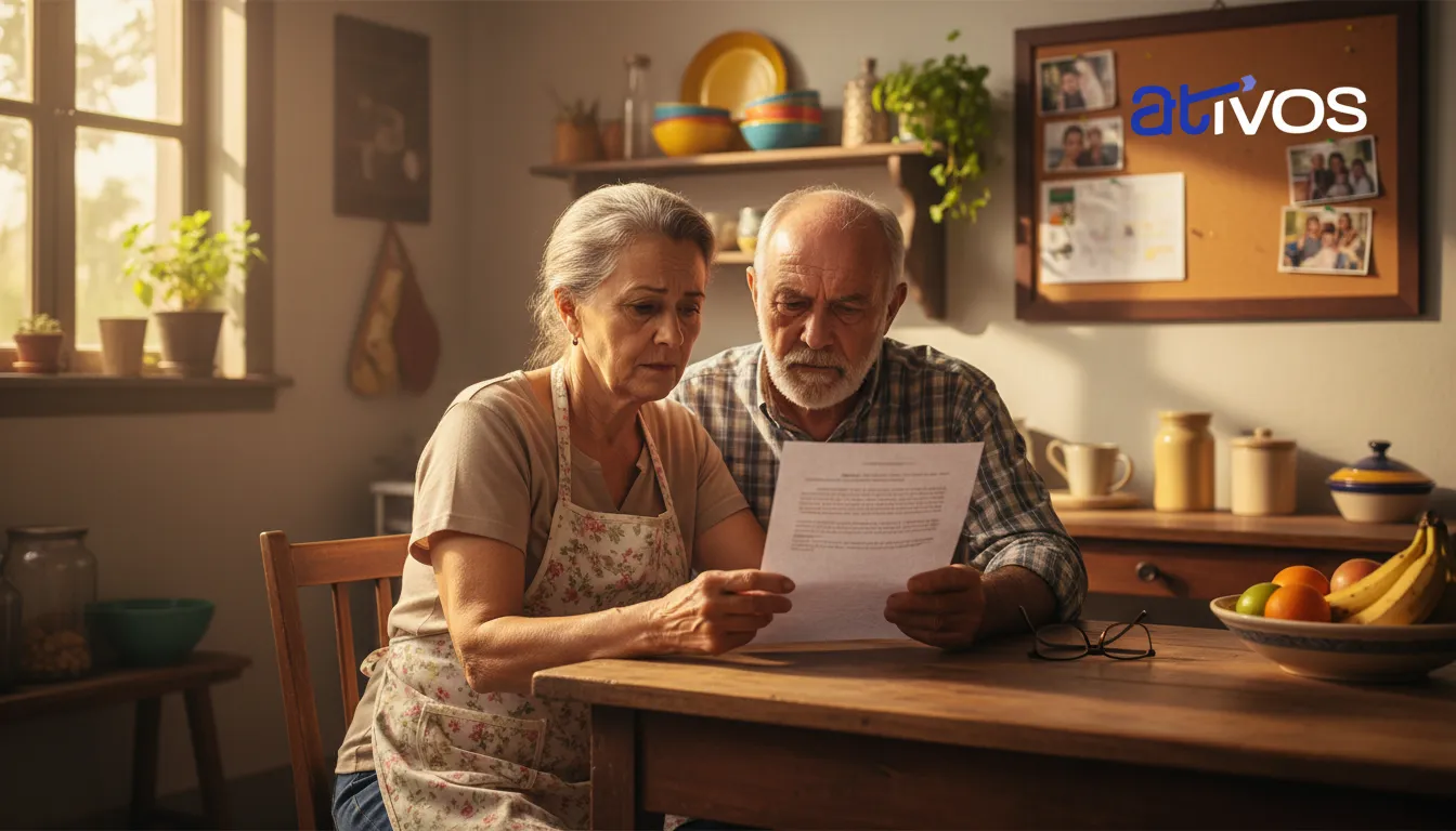 Casal idoso brasileiro preocupado com carta sobre precatórios o que é, sentados à mesa em sua cozinha com luz natural.