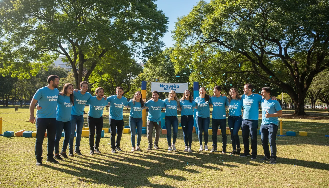 Equipe de funcionários usando camisetas personalizadas da Nogueira Brindes em atividade ao ar livre, demonstrando espírito de equipe. Camisetas personalizadas da empresa.