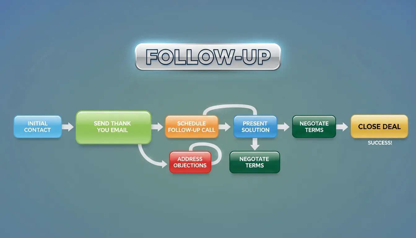 Fluxograma detalhado do processo de follow-up, demonstrando a sequência prática pós-reunião para garantir os próximos passos e criar urgência.