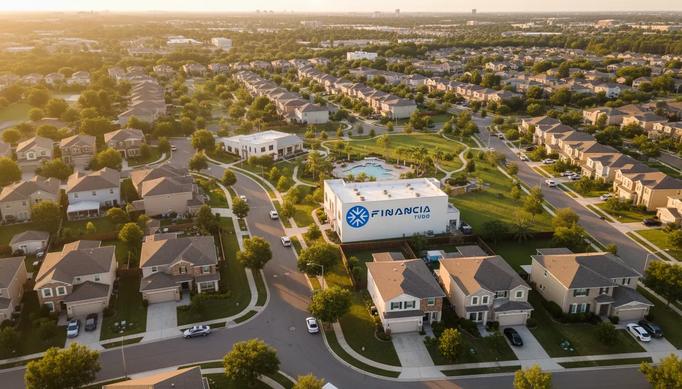 Vista aérea de bairro residencial, representando o potencial de quanto posso liberar com home equity, com a Financia Tudo.