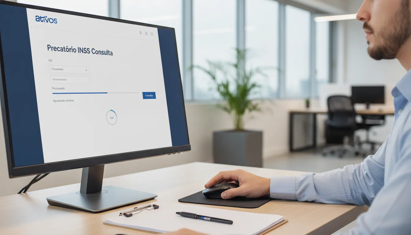 Tela de computador exibindo portal de consulta precatório INSS, com campos para CPF e status de pagamento. Ambiente profissional.