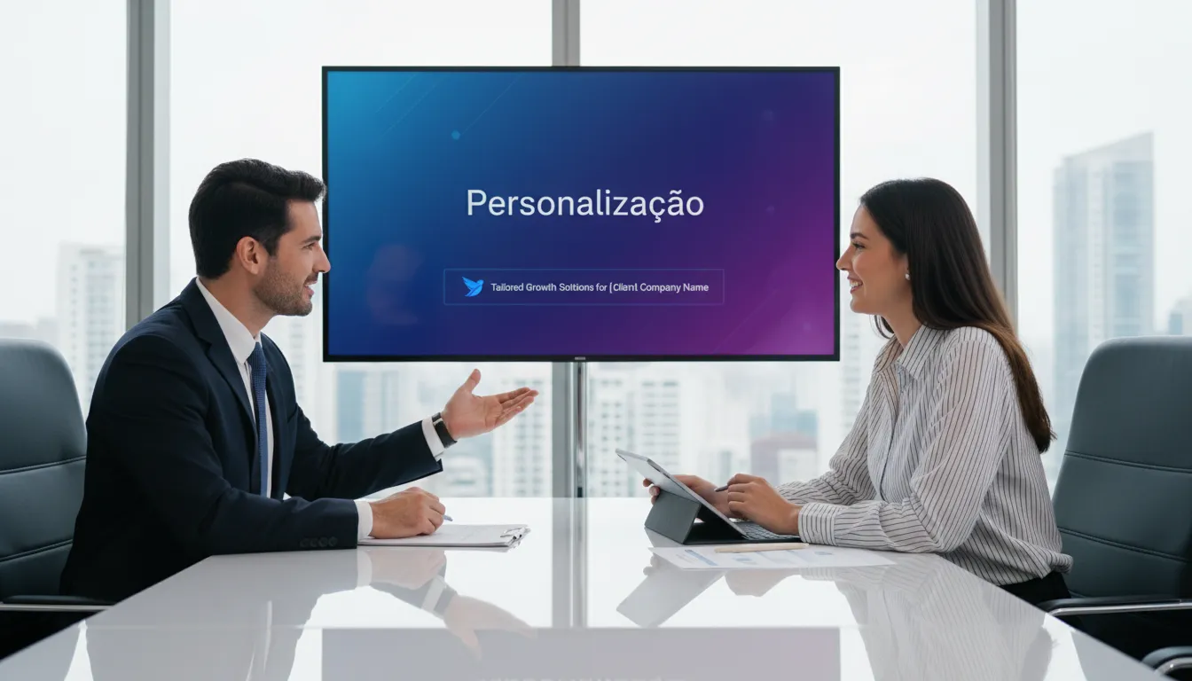 Apresentação personalizada para ABM, mostrando a prospecção de contas-alvo e a personalização do outbound B2B pela Vender Mais Online, com foco no mapa de decisores.