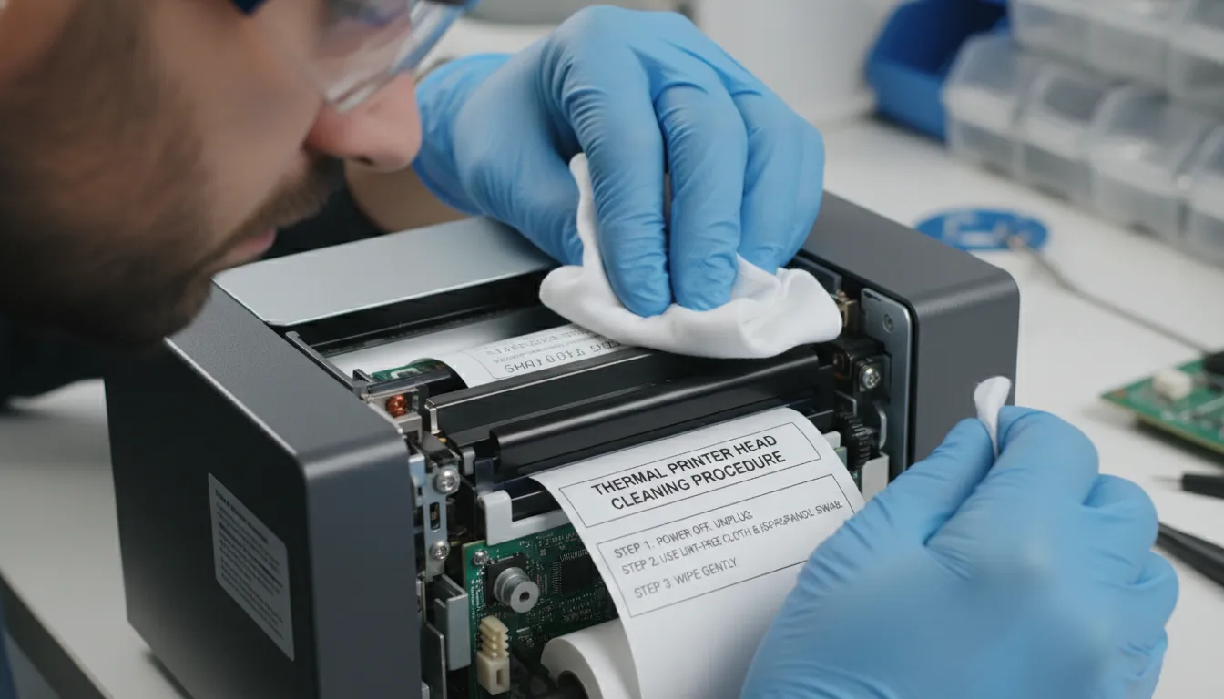 Técnico limpa cabeçote de impressora térmica com álcool, mostrando manutenção cuidadosa do equipamento.