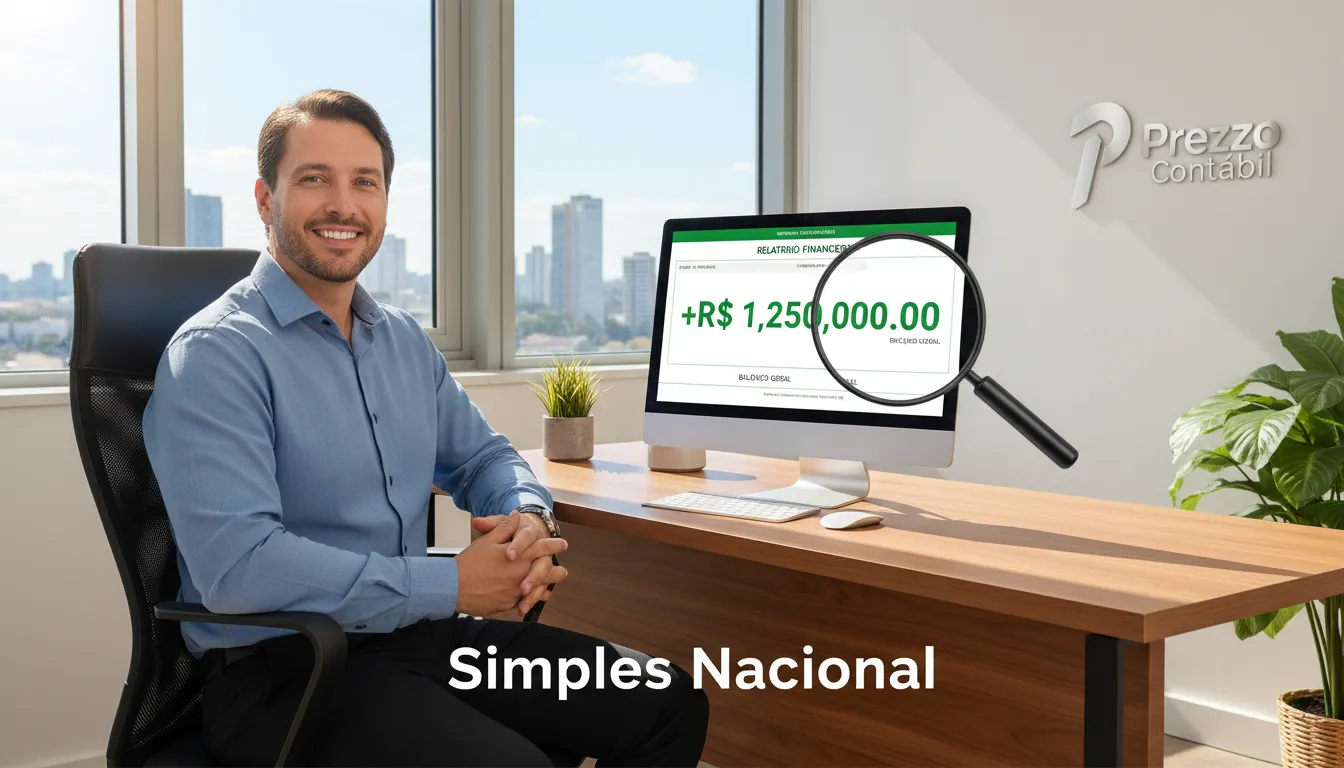 Um empreendedor sorrindo aliviado em seu escritório, com um relatório financeiro na tela destacando números importantes. Representa o alívio de entender o cnae simples nacional com a ajuda da Prezzo Contábil.