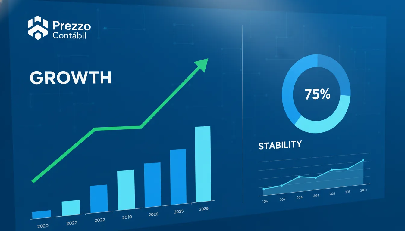 An interface showing financial charts for how to open a company in brasil as an american, displaying business growth and stability with the Prezzo Contábil logo.