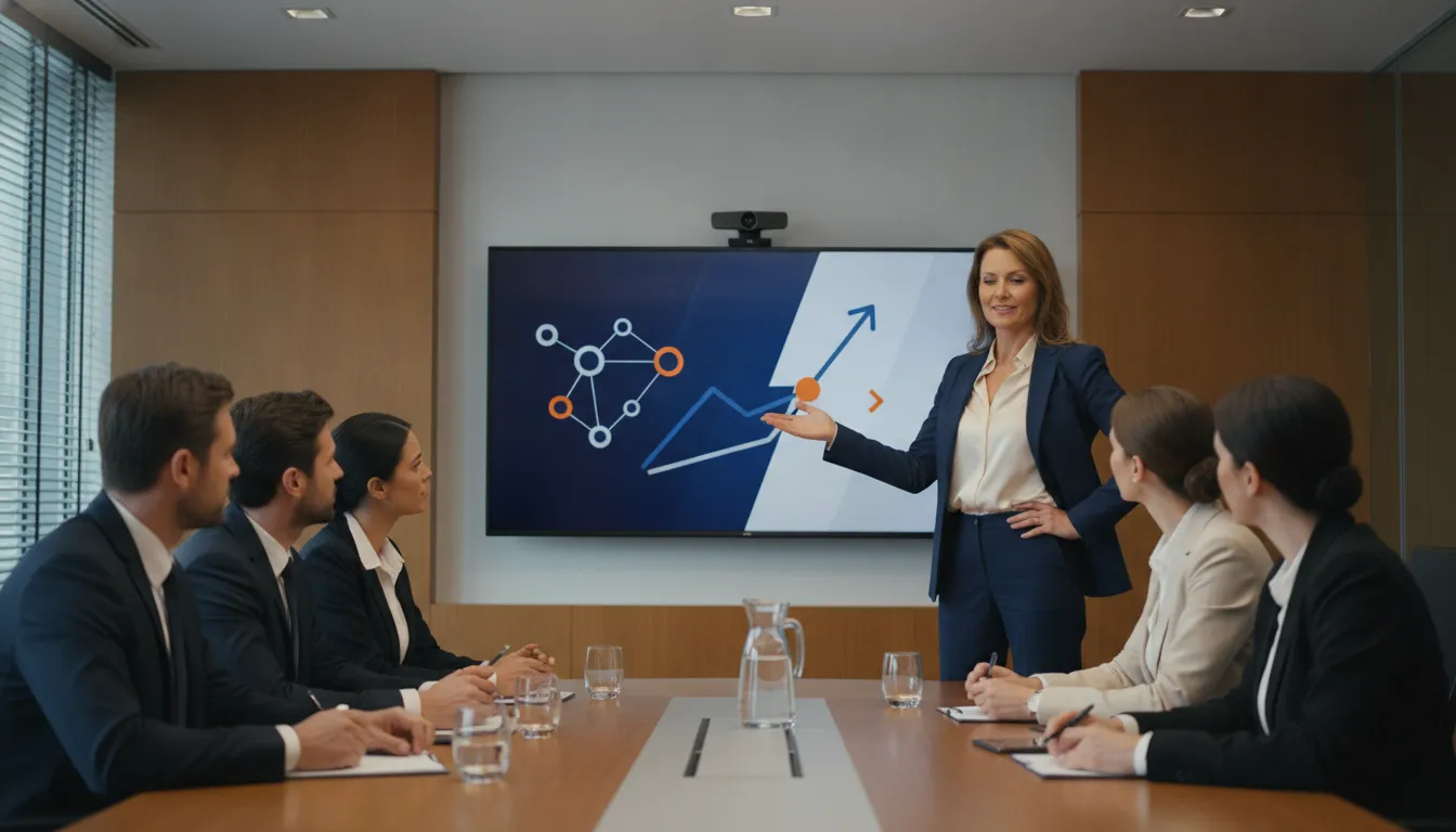 Empresária apresenta vídeo explicativo em reunião, simplificando produto complexo para equipe.
