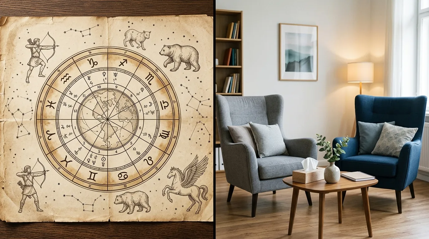 Divisão conceitual entre um mapa astral místico e um consultório de psicologia moderno.
