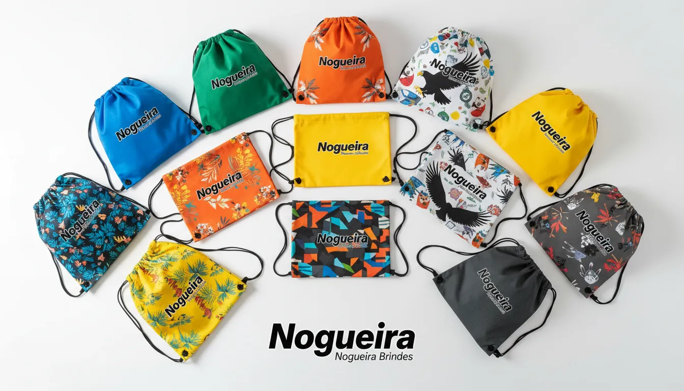 Visão geral de várias sacochilas personalizadas da Nogueira Brindes, demonstrando a variedade de cores e designs disponíveis para sua empresa.