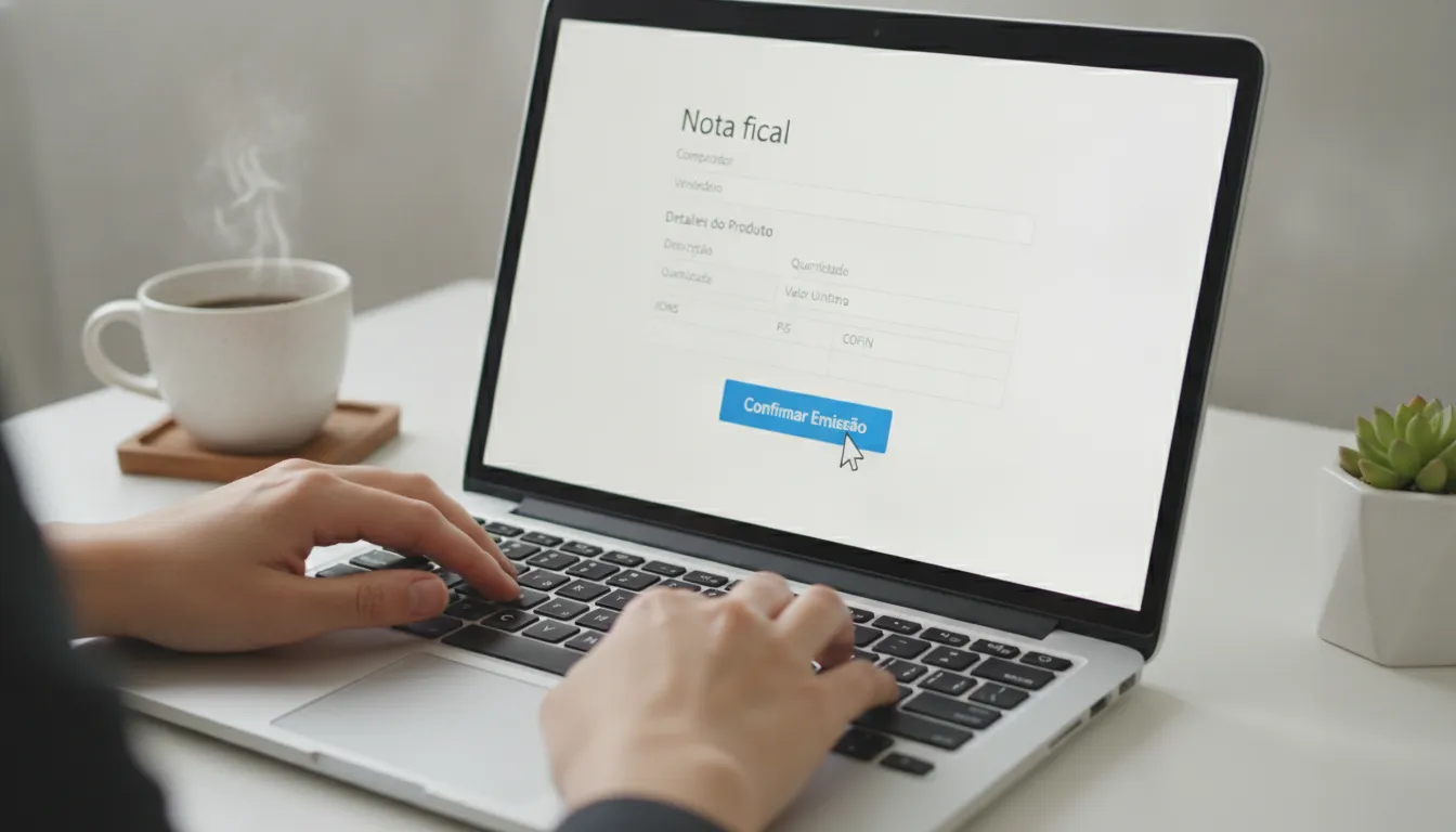 Mãos digitando em laptop, emitindo uma nota fiscal Mercado Livre, destacando a eficiência no processo fiscal.