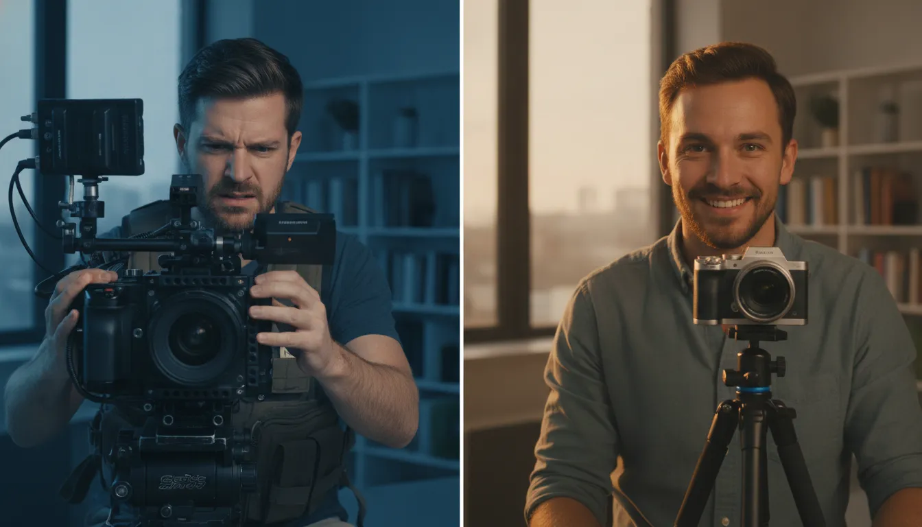 Comparação: pessoa estressada com câmera profissional versus pessoa confiante com câmera para gravar vídeo simples.