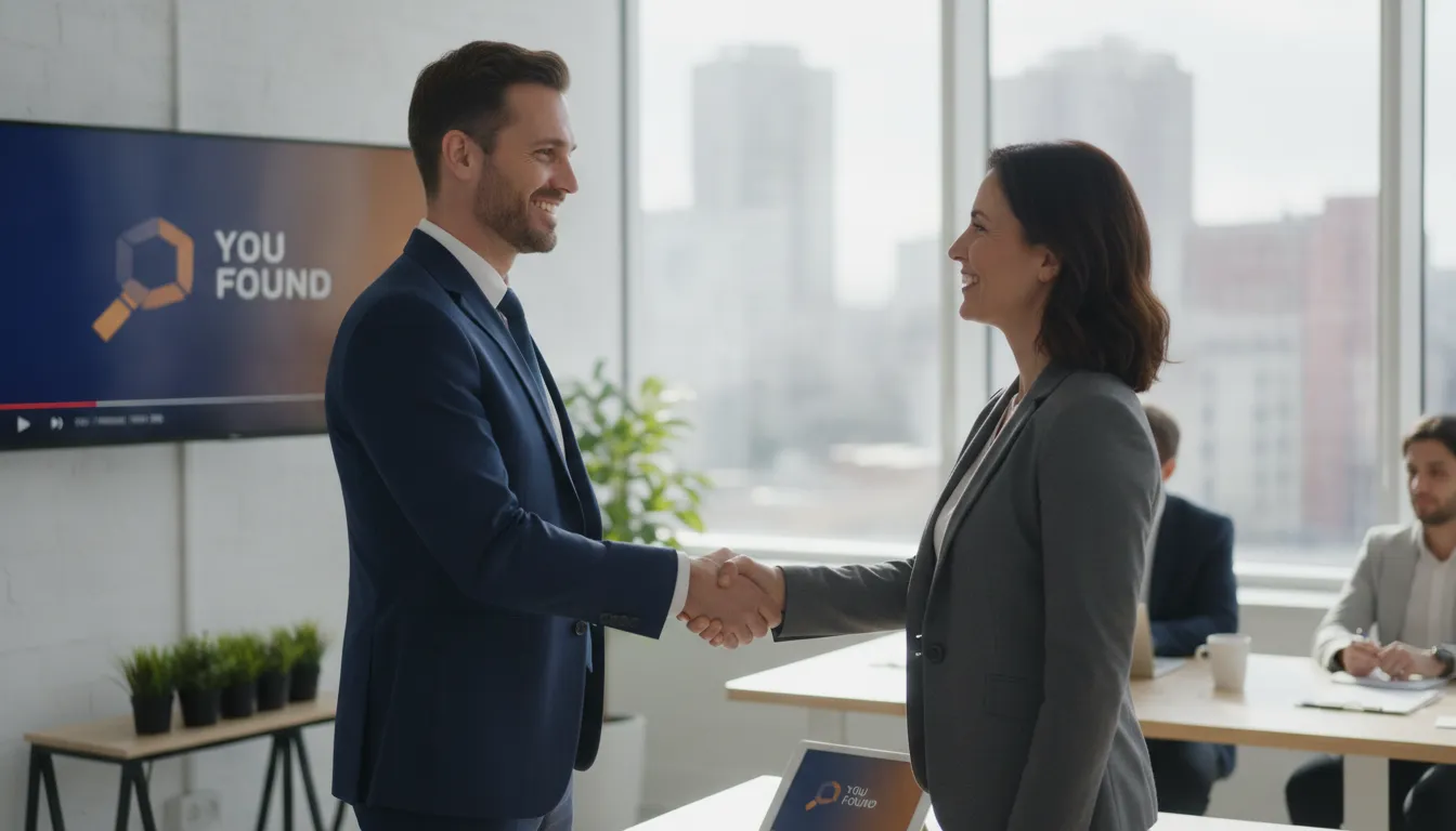 Empreendedor fecha negócio apertando mão de cliente, simbolizando sucesso na captação de clientes por vídeo.