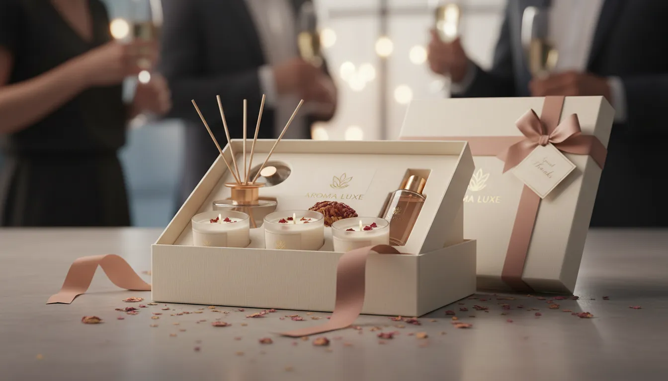 Kit de brindes aromatizados em caixa personalizada com logo, preparado para evento empresarial especial.