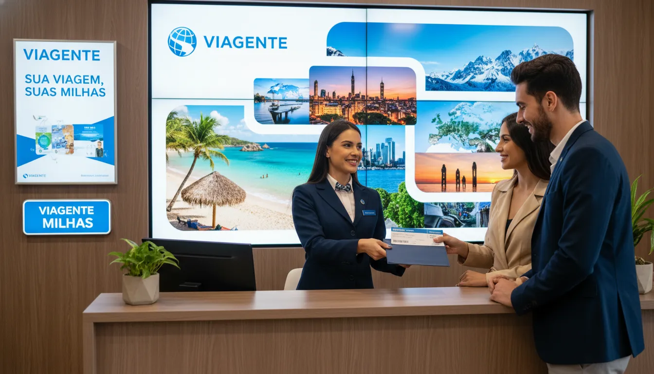 Casal recebendo tickets de viagem em agência da Viagente, aprendendo como usar milhas para realizar seus sonhos.