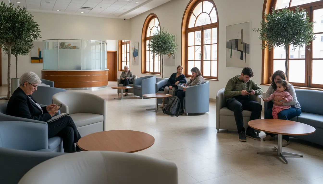 Pessoas aguardando atendimento no consulado italiano em Curitiba, demonstrando a rotina do local.