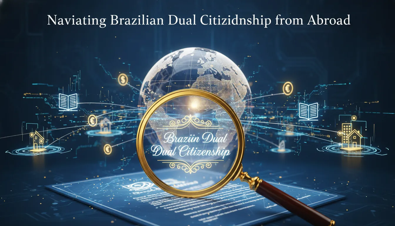 Abstract globe with legal icons, highlighting Brazilian dual citizenship and international legal frameworks.