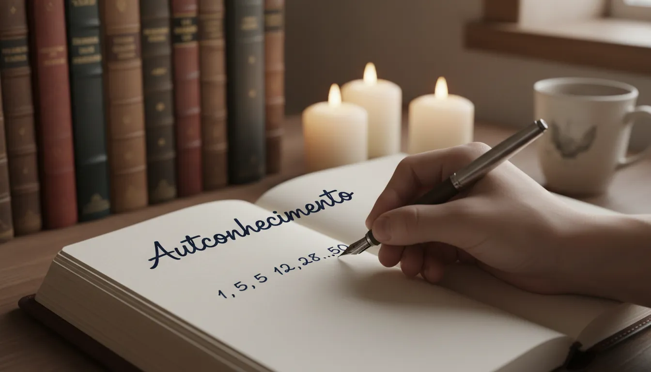 Detalhe de uma mão escrevendo números em um diário, simbolizando o uso da numerologia para autoconhecimento e reflexão, com a Unolife facilitando o processo.