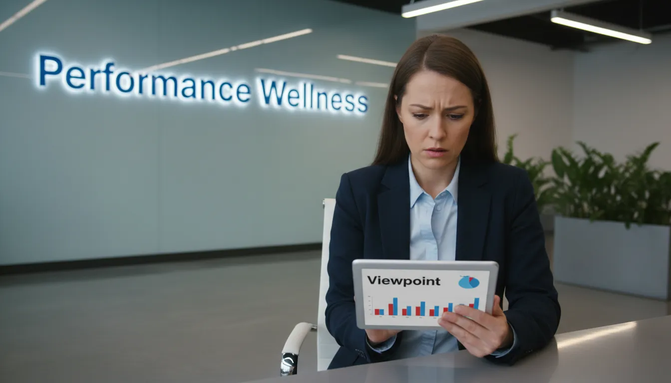 Dono de clínica analisando dados de marketing da lista de transmissão whatsapp, preocupado, em ambiente de clínica moderna.