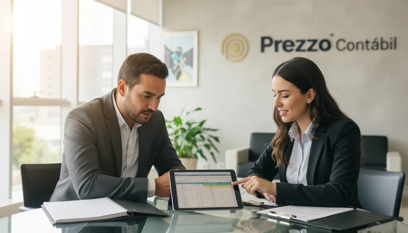 Asesoría experta para abrir empresa en São Paulo. Emprendedor revisando pasos clave con consultor Prezzo Contábil.