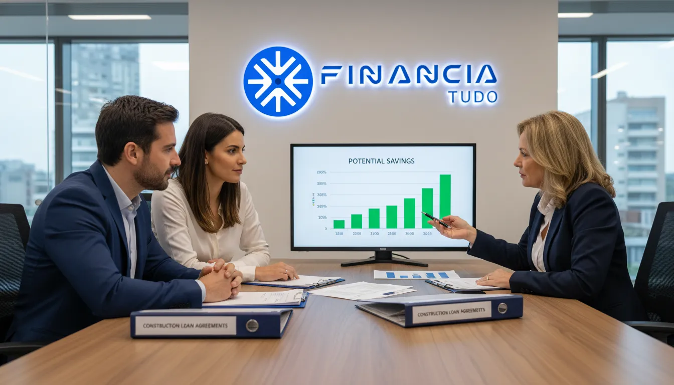 Casal reunido com consultor Financia Tudo, planejando financiamento e custo de construção para a casa.