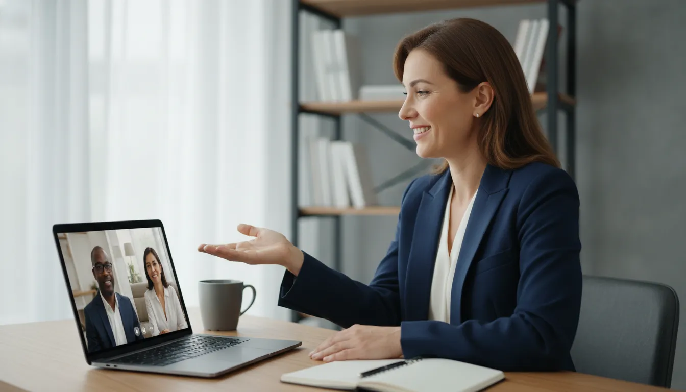 Consultora financeira em videochamada com clientes, simbolizando a divulgação serviços financeiros e orientação online.