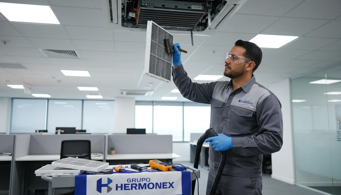 Técnico do Grupo Hermonex em detalhada manutenção preventiva em ar condicionado comercial, assegurando o bom funcionamento.