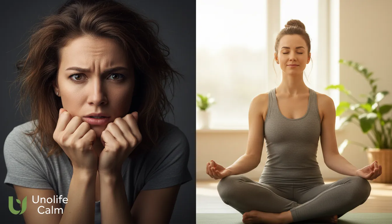 Transformação através do yoga online para ansiedade, mostrando uma pessoa antes e depois da prática. Destaque para os benefícios da Unolife na redução do estresse.