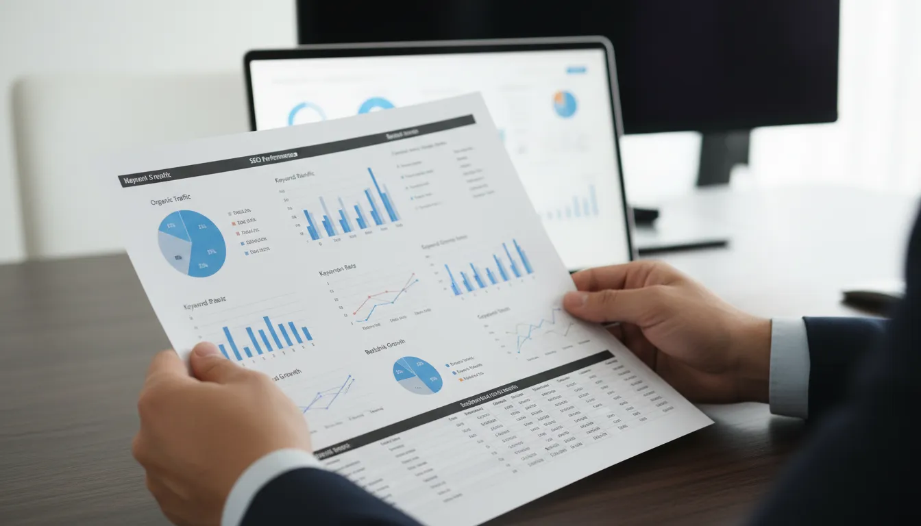Relatórios de desempenho de SEO com gráficos e métricas em ambiente profissional
