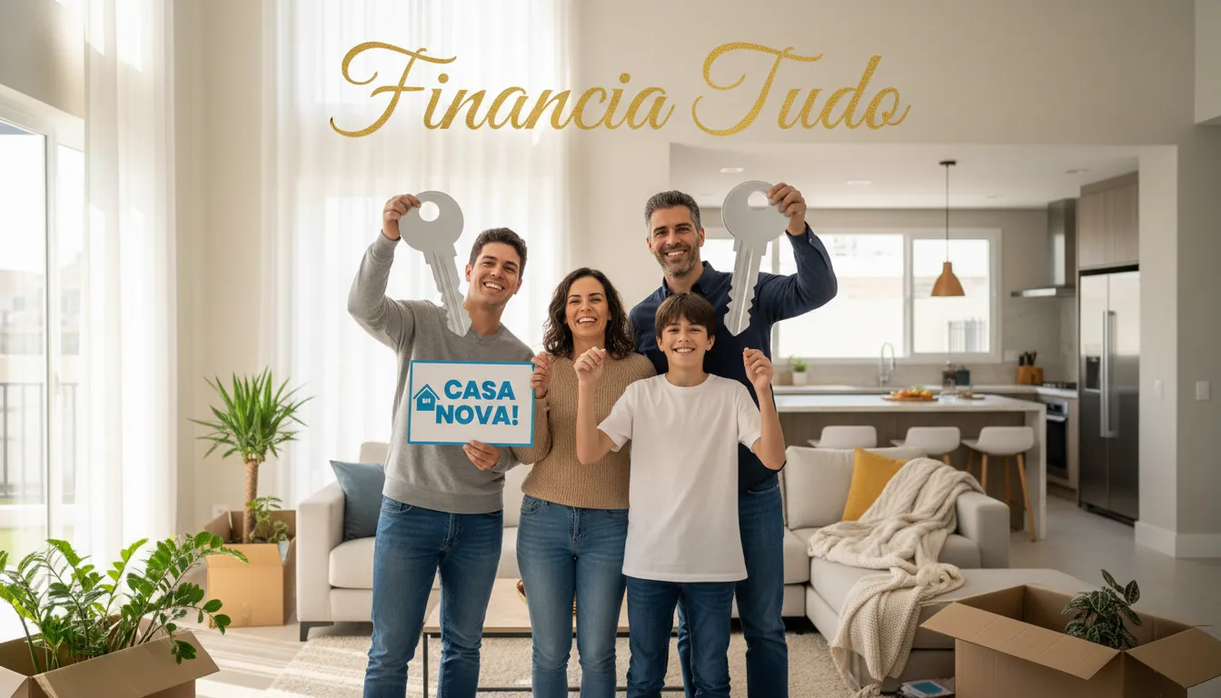 Família celebra em sua nova casa, representando a conquista de aumentar aprovação de crédito para alcançar seus objetivos financeiros. Ambiente alegre e acolhedor.