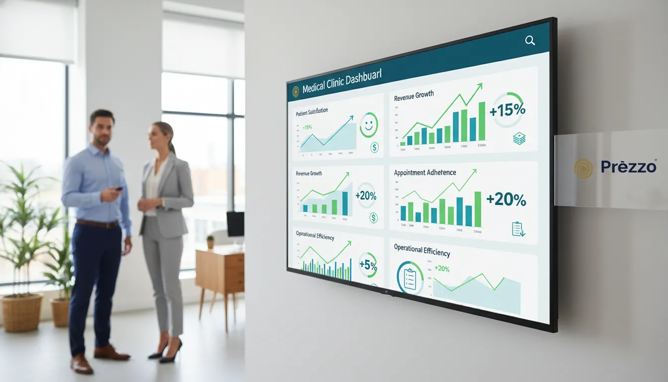 Painel digital de Escritório de Contabilidade para Clínicas Médicas mostrando KPIs positivos e crescimento.