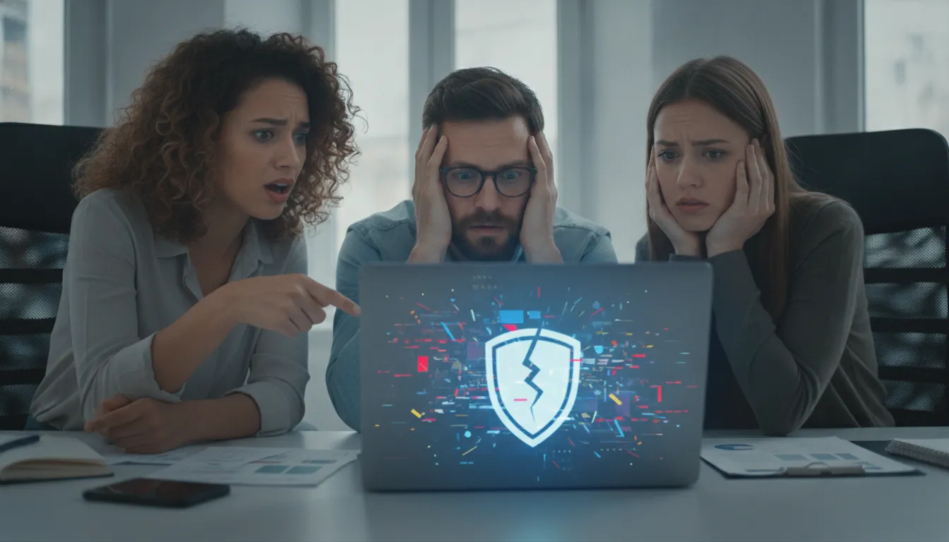 Pessoas preocupadas em frente a um laptop, simbolizando a busca por indenização por vazamento de dados.