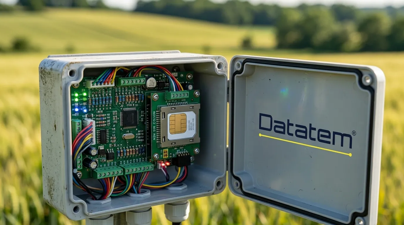 Chip M2M instalado dentro de uma estação meteorológica automática no campo.