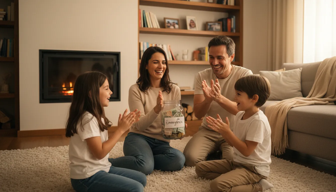 Família comemorando o alcance de meta de poupança doméstica com clima de alegria