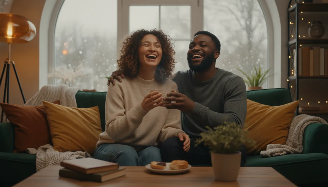 Amigos rindo em ambiente acolhedor, fortalecendo conexões sociais para saúde mental no inverno.